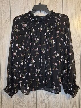 Madewell Black Floral Smocked-Neck Sheer Blouse